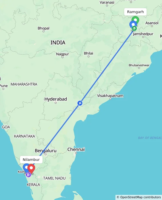 Route map showing distance and travel time from Ramgarh, India to Nilambur, India