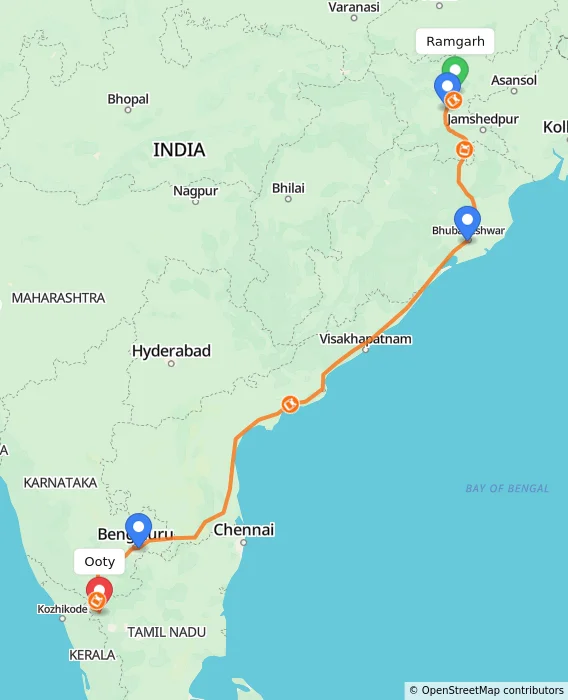 Route map showing distance and travel time from Ramgarh, India to Ooty, India