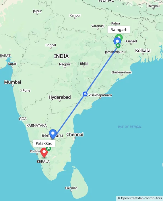 Route map showing distance and travel time from Ramgarh, India to Palakkad, India