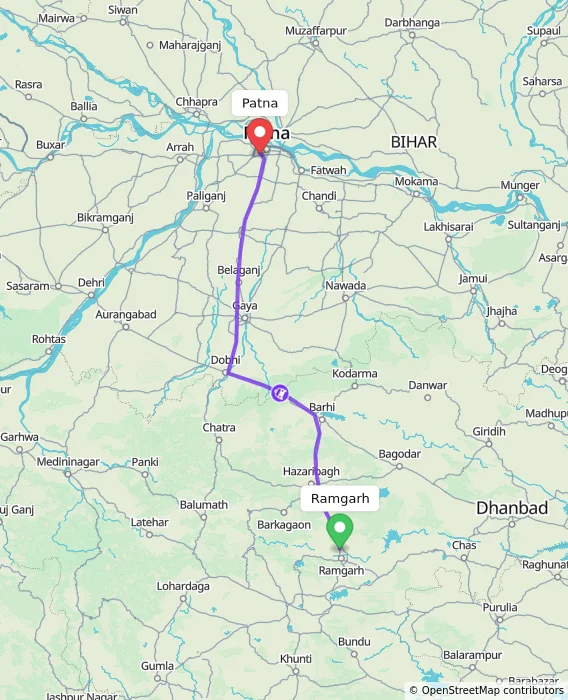 Route map showing distance and travel time from Ramgarh, India to Patna, India