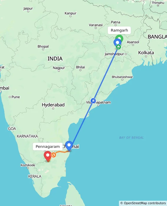 Route map showing distance and travel time from Ramgarh, India to Pennagaram, India