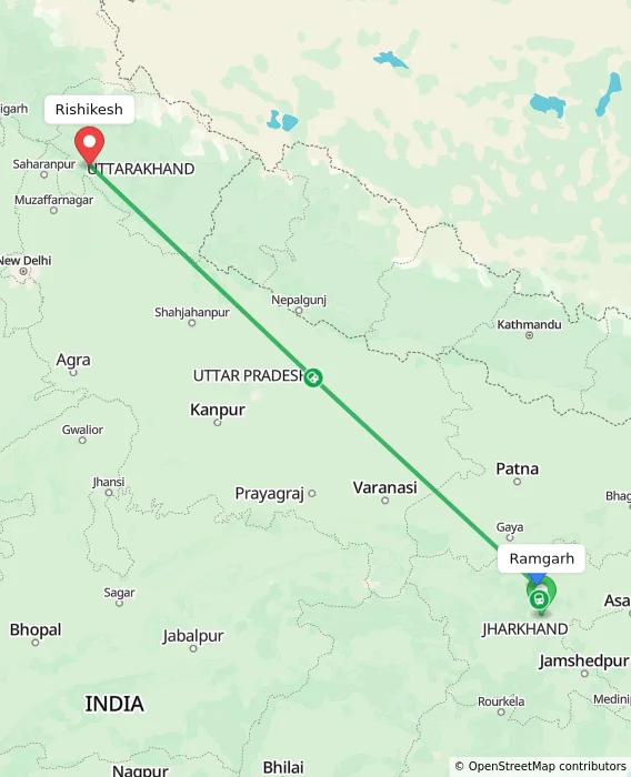 Route map showing distance and travel time from Ramgarh, India to Rishikesh, India