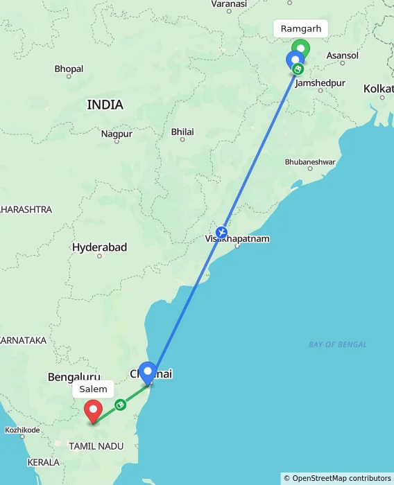 Route map showing distance and travel time from Ramgarh, India to Salem, India