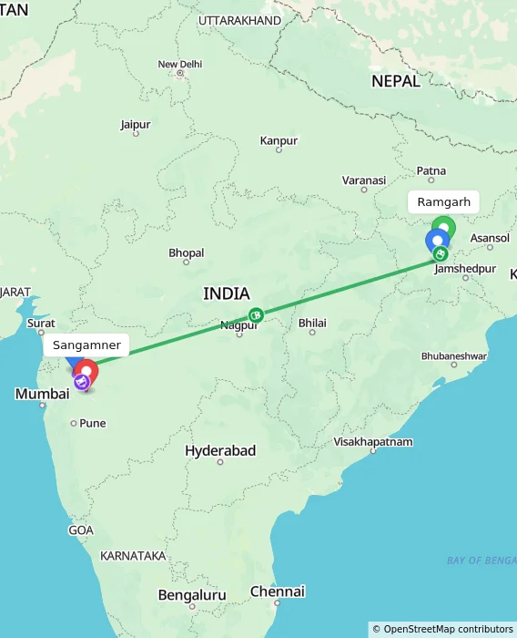 Route map showing distance and travel time from Ramgarh, India to Sangamner, India