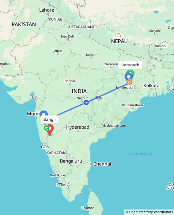 Route map showing distance and travel time from Ramgarh, India to Sangli, India