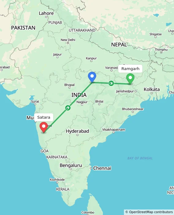 Route map showing distance and travel time from Ramgarh, India to Satara, India