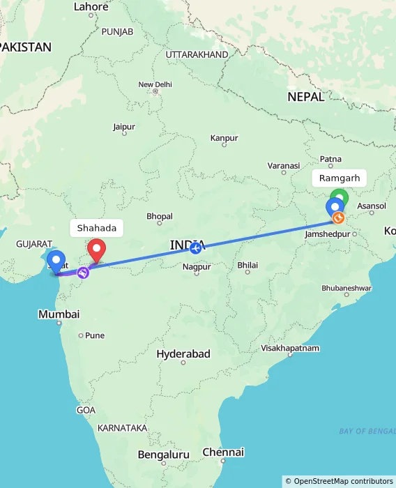 Route map showing distance and travel time from Ramgarh, India to Shahada, India