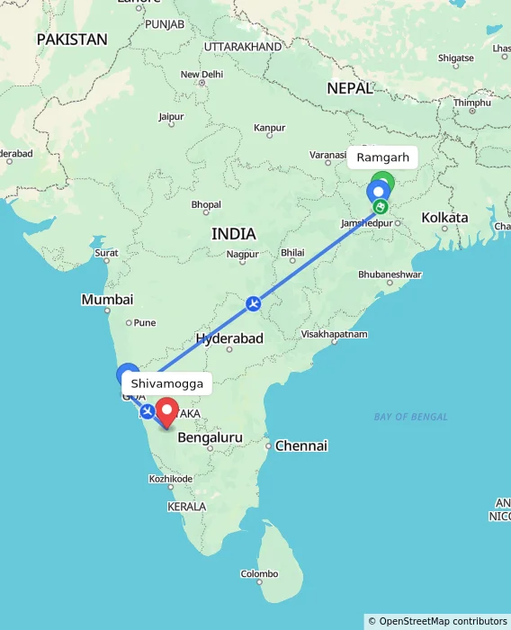 Route map showing distance and travel time from Ramgarh, India to Shivamogga, India
