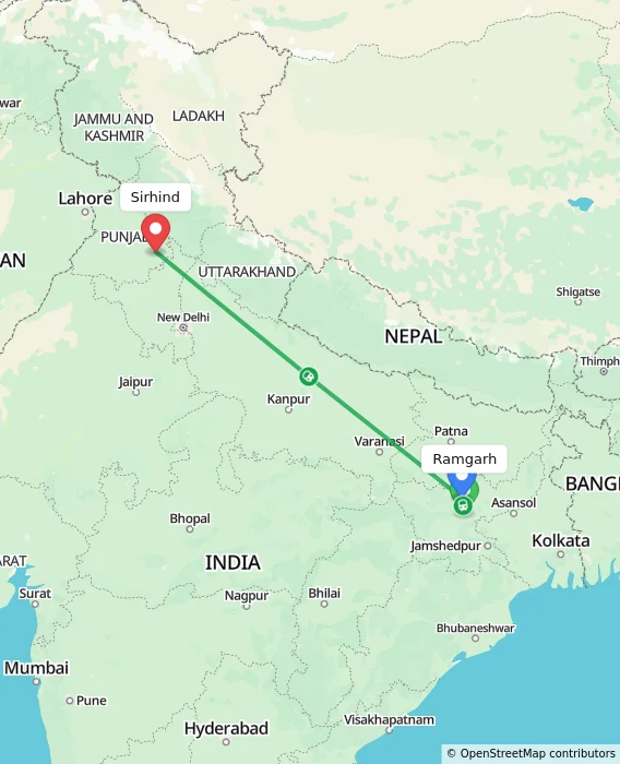 Route map showing distance and travel time from Ramgarh, India to Sirhind, India