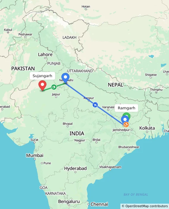 Route map showing distance and travel time from Ramgarh, India to Sujangarh, India