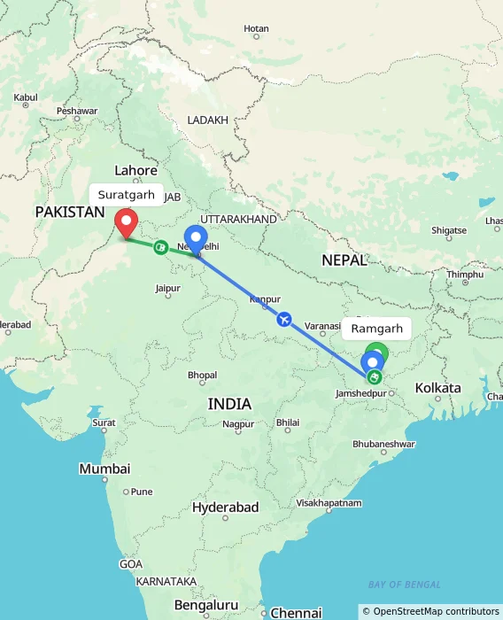 Route map showing distance and travel time from Ramgarh, India to Suratgarh, India