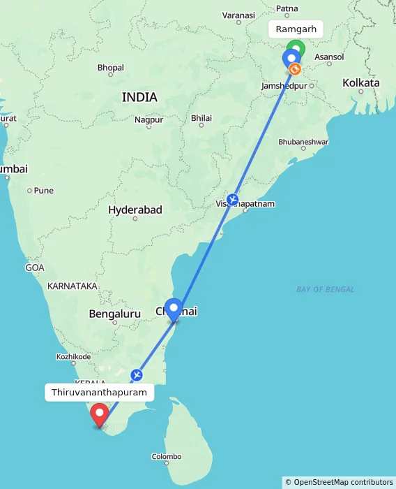 Route map showing distance and travel time from Ramgarh, India to Thiruvananthapuram, India