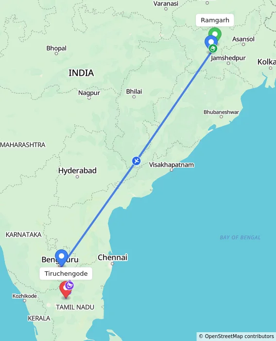 Route map showing distance and travel time from Ramgarh, India to Tiruchengode, India