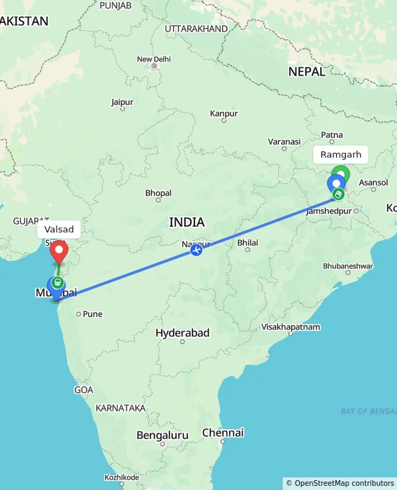 Route map showing distance and travel time from Ramgarh, India to Valsad, India
