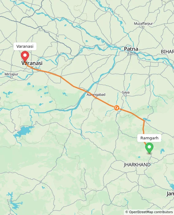 Route map showing distance and travel time from Ramgarh, India to Varanasi, India