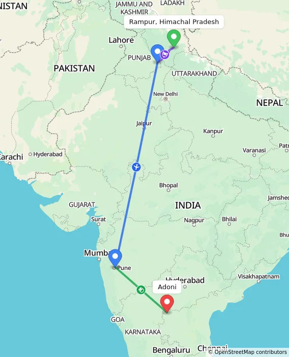 Route map showing distance and travel time from Rampur, Himachal Pradesh, India to Adoni, India
