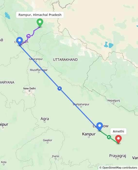 Route map showing distance and travel time from Rampur, Himachal Pradesh, India to Amethi, India