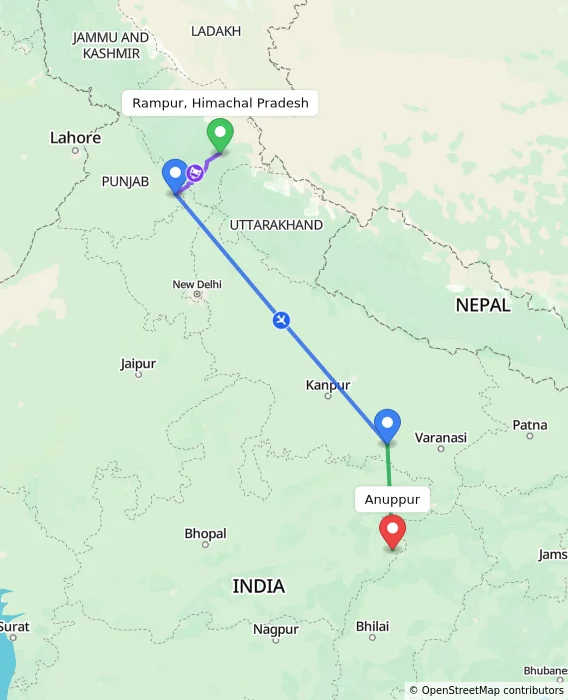 Route map showing distance and travel time from Rampur, Himachal Pradesh, India to Anuppur, India