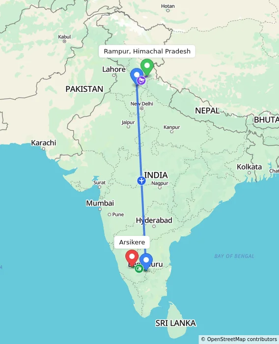 Route map showing distance and travel time from Rampur, Himachal Pradesh, India to Arsikere, India