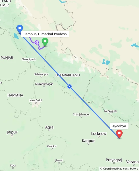 Route map showing distance and travel time from Rampur, Himachal Pradesh, India to Ayodhya, India