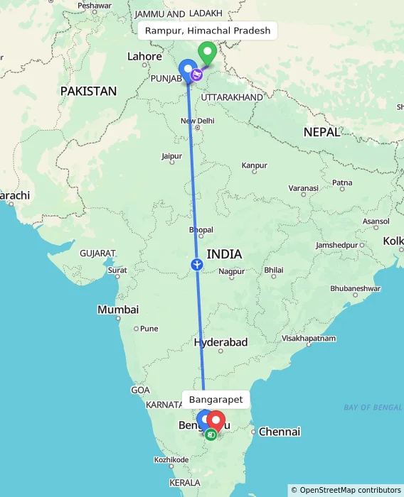 Route map showing distance and travel time from Rampur, Himachal Pradesh, India to Bangarapet, India