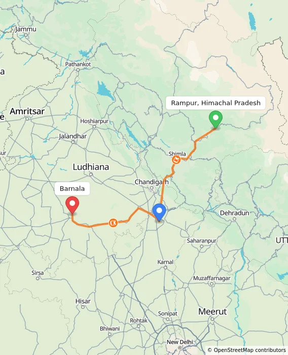 Route map showing distance and travel time from Rampur, Himachal Pradesh, India to Barnala, India