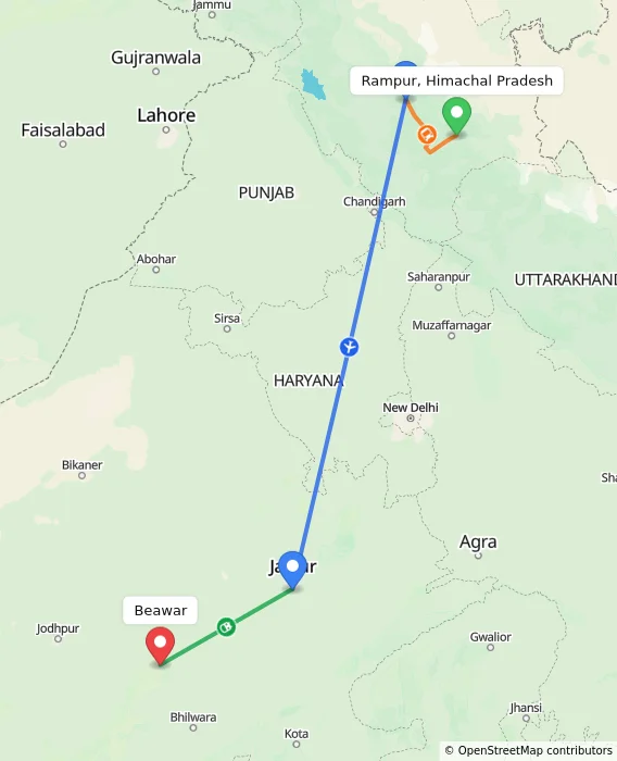 Route map showing distance and travel time from Rampur, Himachal Pradesh, India to Beawar, India