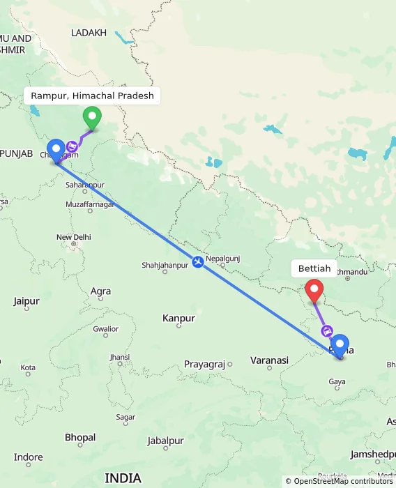 Route map showing distance and travel time from Rampur, Himachal Pradesh, India to Bettiah, India