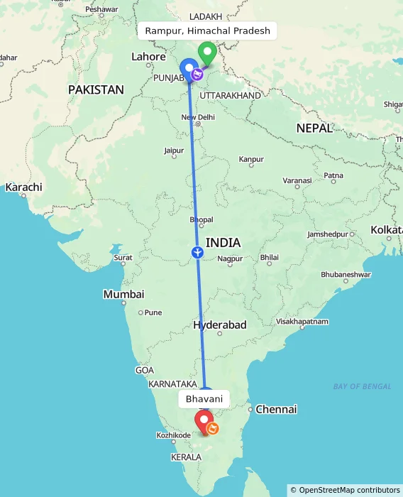 Route map showing distance and travel time from Rampur, Himachal Pradesh, India to Bhavani, India