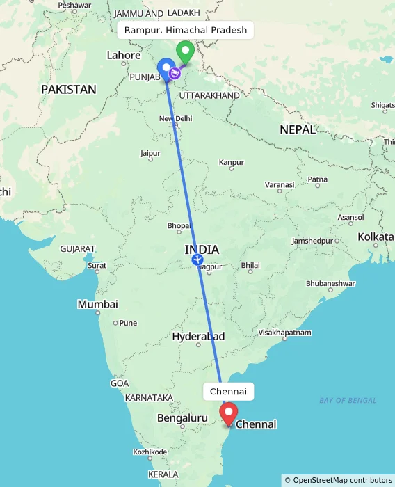 Route map showing distance and travel time from Rampur, Himachal Pradesh, India to Chennai, India