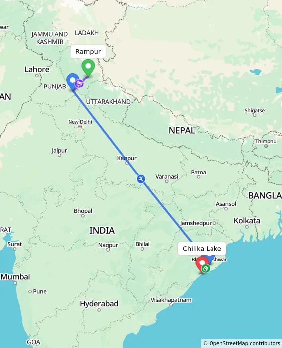 Route map showing distance and travel time from Rampur, Himachal Pradesh, India to Chilika Lake, India