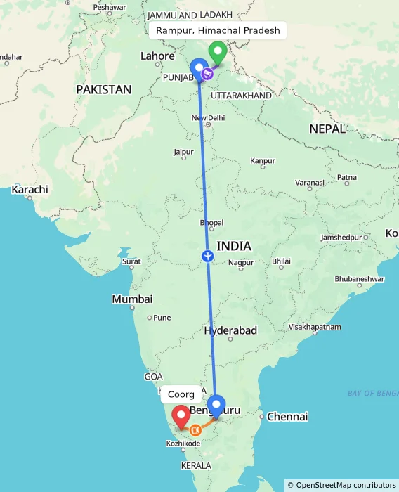 Route map showing distance and travel time from Rampur, Himachal Pradesh, India to Coorg, India