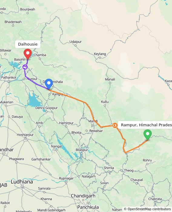 Route map showing distance and travel time from Rampur, Himachal Pradesh, India to Dalhousie, India