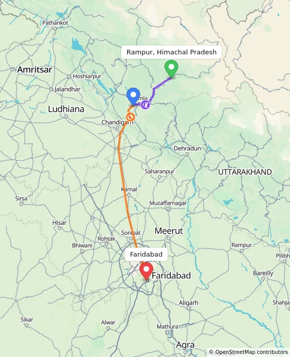 Route map showing distance and travel time from Rampur, Himachal Pradesh, India to Faridabad, India
