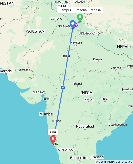 Route map showing distance and travel time from Rampur, Himachal Pradesh, India to Goa, India