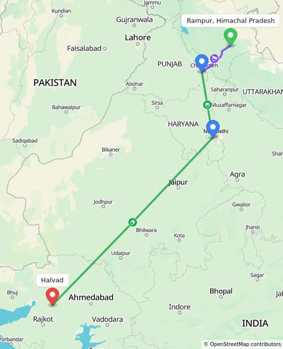 Route map showing distance and travel time from Rampur, Himachal Pradesh, India to Halvad, India
