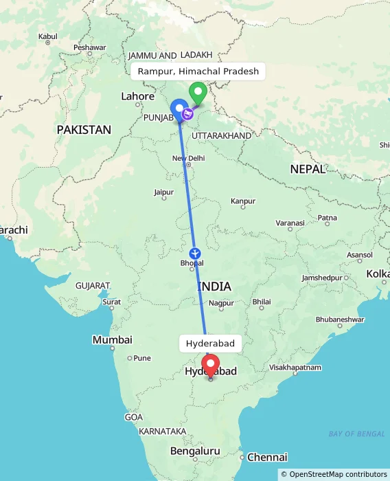Route map showing distance and travel time from Rampur, Himachal Pradesh, India to Hyderabad, India