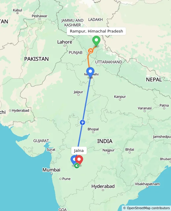 Route map showing distance and travel time from Rampur, Himachal Pradesh, India to Jalna, India