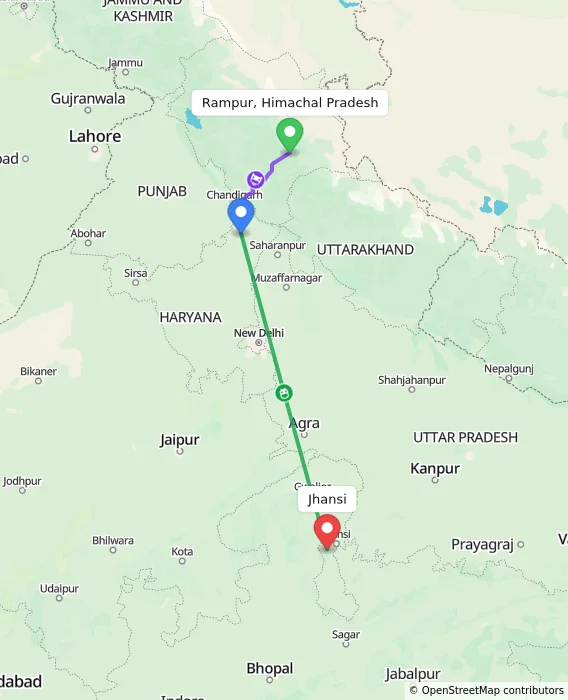 Route map showing distance and travel time from Rampur, Himachal Pradesh, India to Jhansi, India