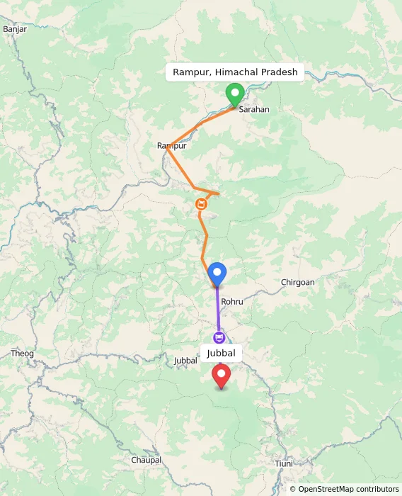 Route map showing distance and travel time from Rampur, Himachal Pradesh, India to Jubbal, India