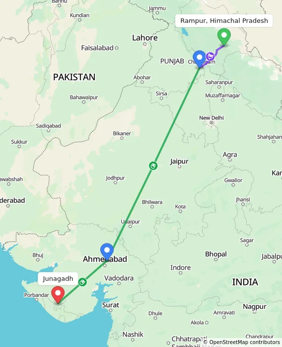Route map showing distance and travel time from Rampur, Himachal Pradesh, India to Junagadh, India