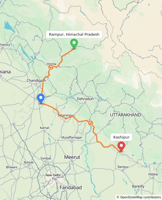 Route map showing distance and travel time from Rampur, Himachal Pradesh, India to Kashipur, India
