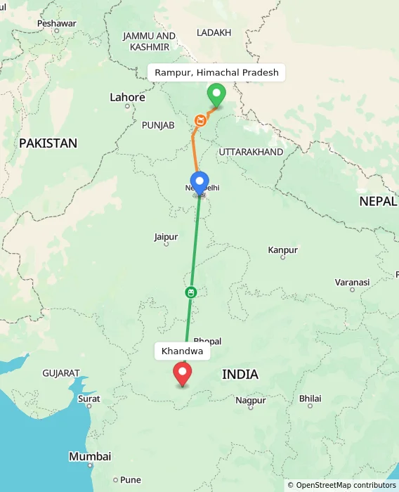 Route map showing distance and travel time from Rampur, Himachal Pradesh, India to Khandwa, India