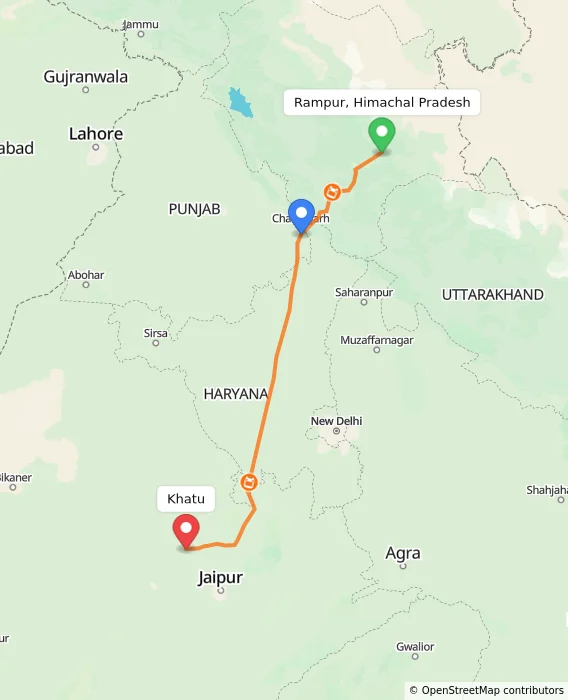 Route map showing distance and travel time from Rampur, Himachal Pradesh, India to Khatu, India