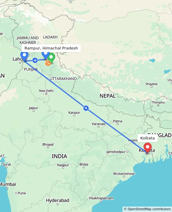 Route map showing distance and travel time from Rampur, Himachal Pradesh, India to Kolkata, India