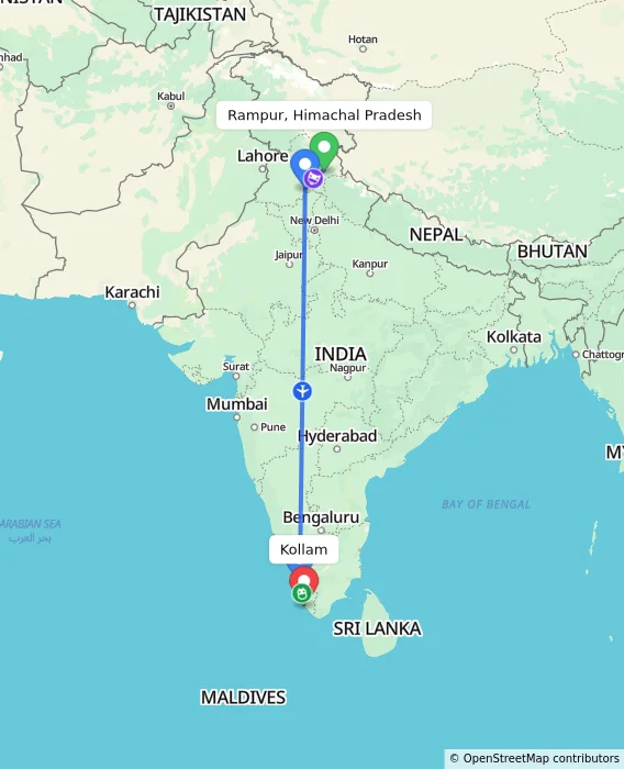 Route map showing distance and travel time from Rampur, Himachal Pradesh, India to Kollam, India
