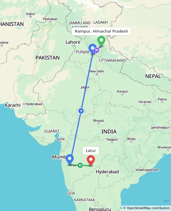 Route map showing distance and travel time from Rampur, Himachal Pradesh, India to Latur, India