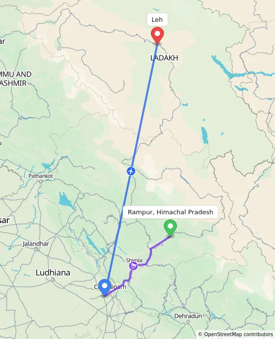 Route map showing distance and travel time from Rampur, Himachal Pradesh, India to Leh, India