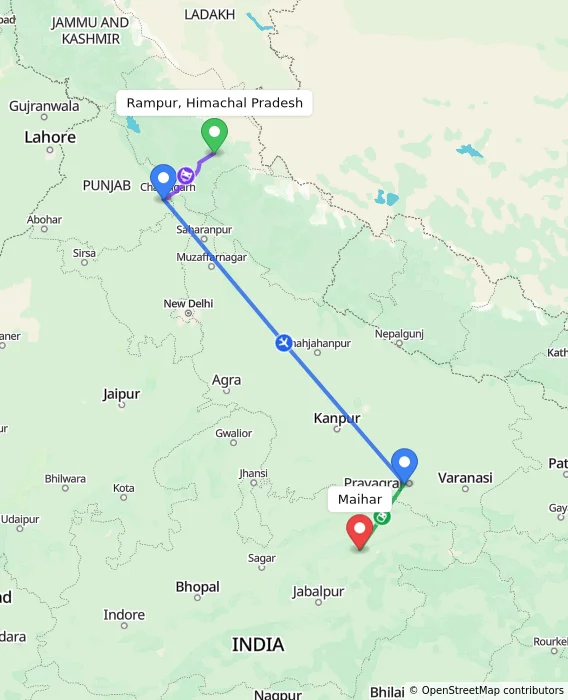 Route map showing distance and travel time from Rampur, Himachal Pradesh, India to Maihar, India