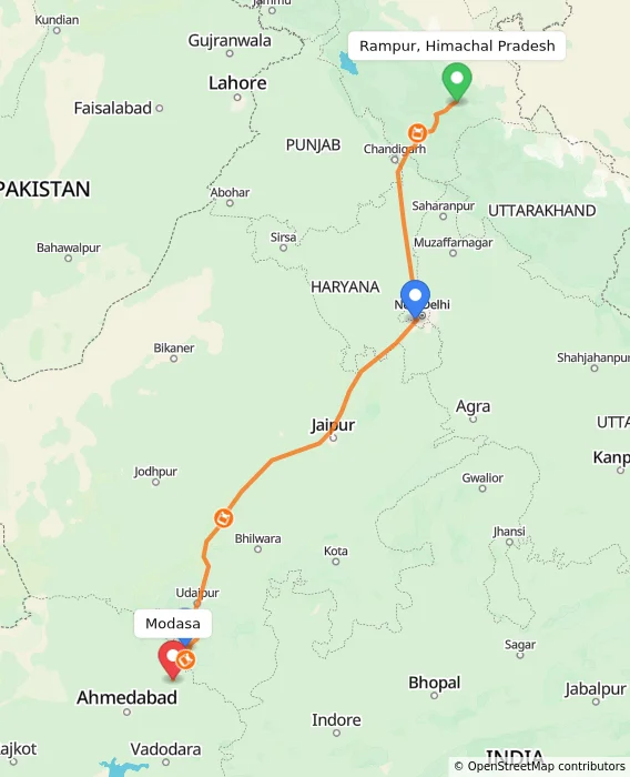 Route map showing distance and travel time from Rampur, Himachal Pradesh, India to Modasa, India